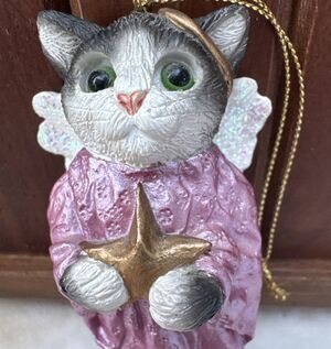 Vtg Whimsical Creations by Carole Grey White Cat Angel Christmas Ornament PInk